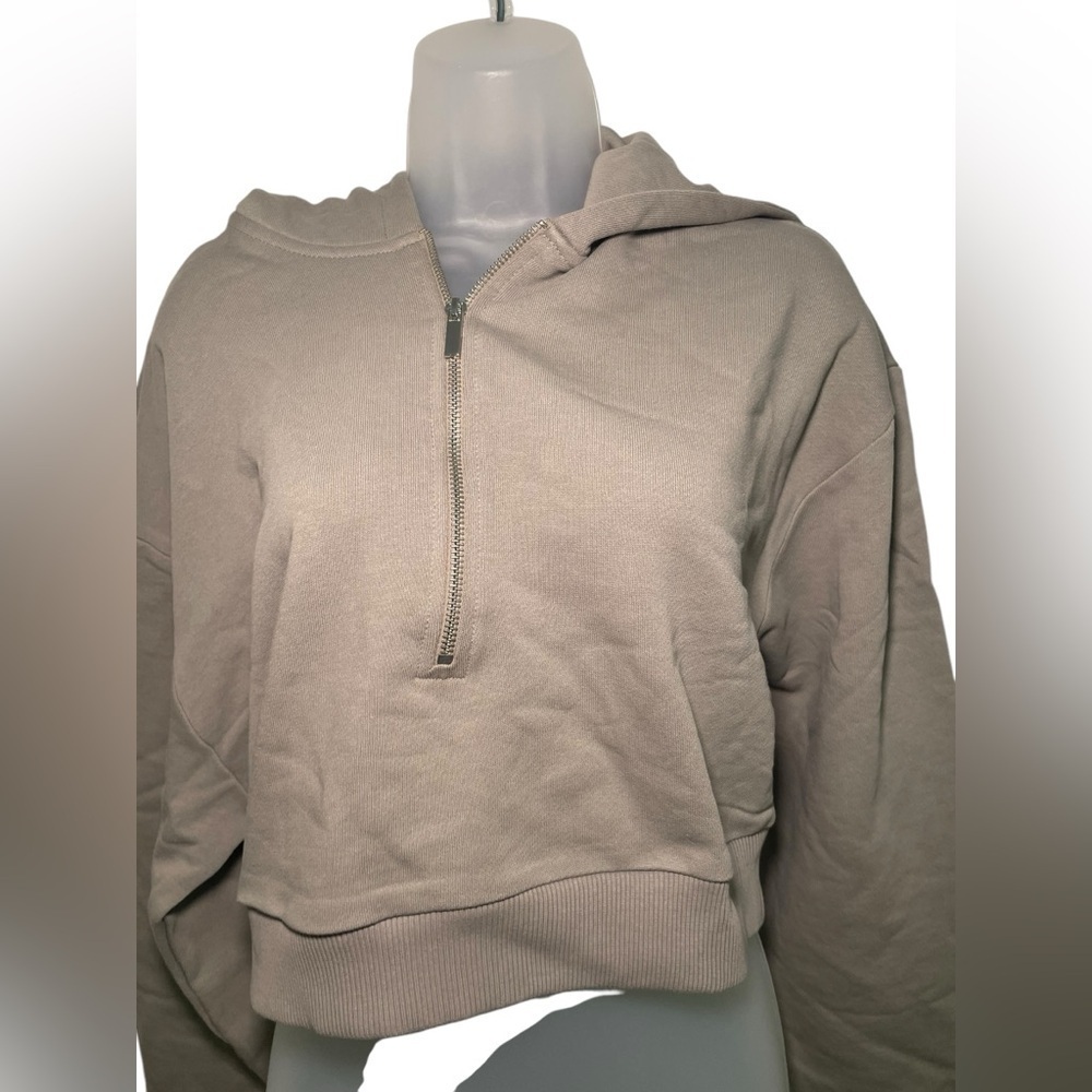Weworewhat NWT Tan Cropped Half Zip Hoodie 100% Cotton Size Large - Picture 3 of 6